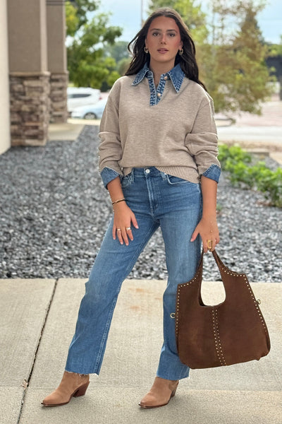 Blaire Sweater w/ Denim Trim, Tan