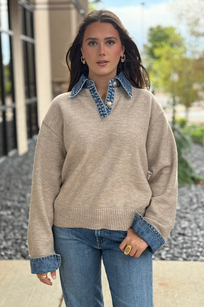 Blaire Sweater w/ Denim Trim, Tan