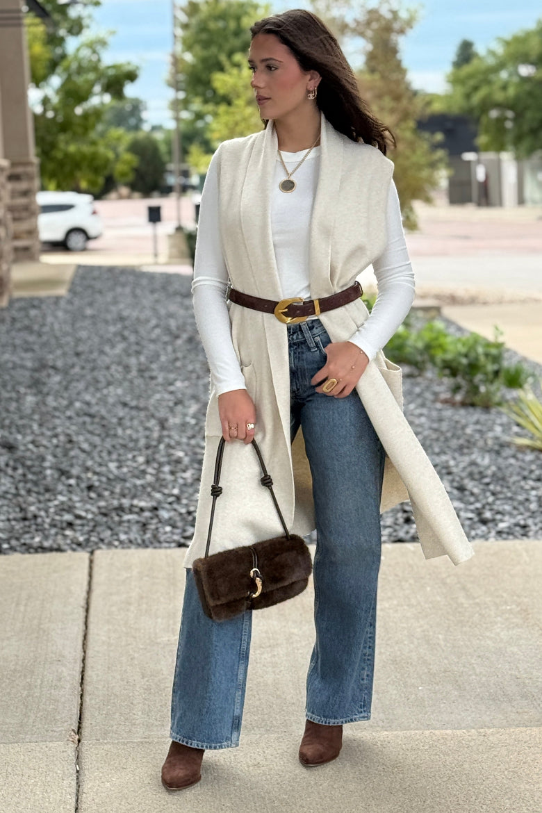 Mazie Sleeveless Cardigan, Oatmeal