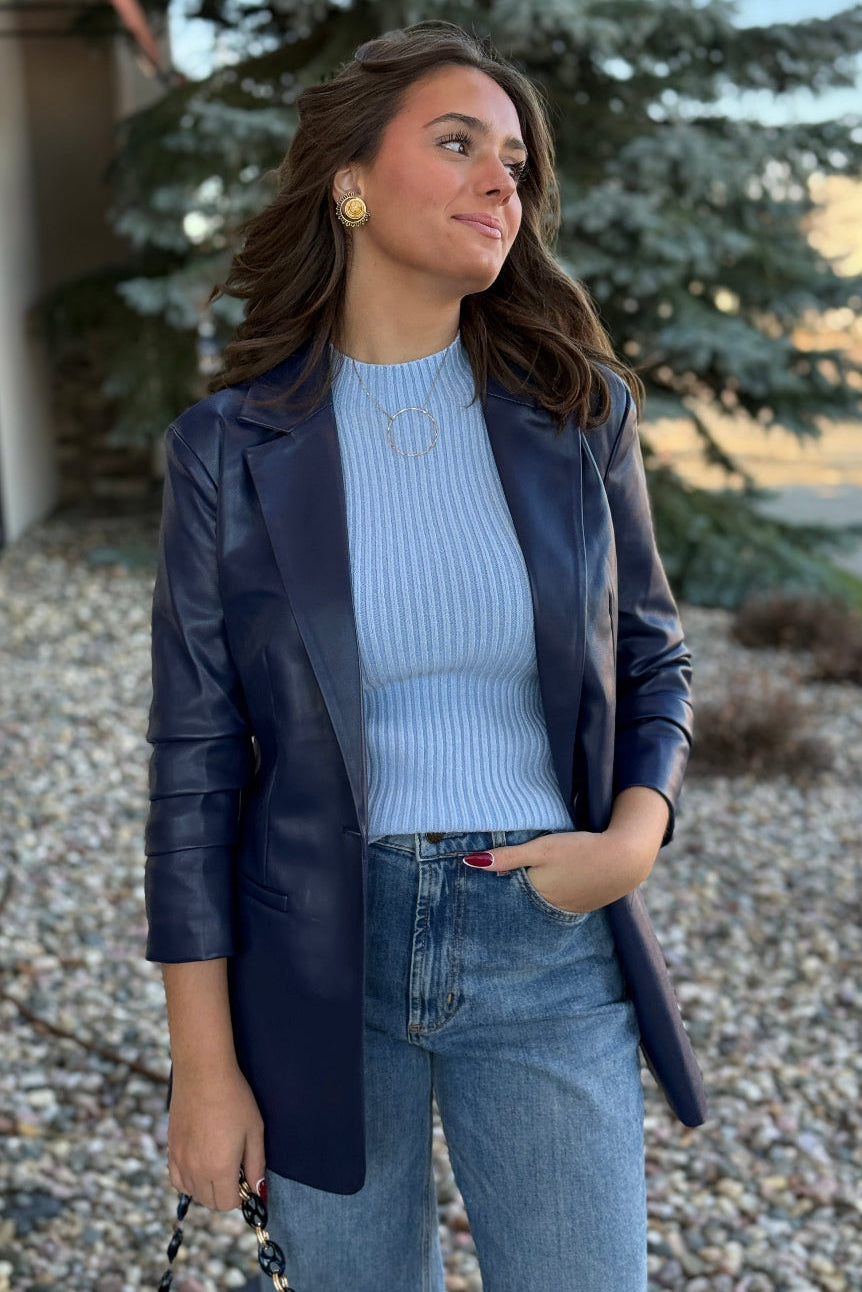 Claudia Ribbed Mock Neck Sweater, Sky Blue