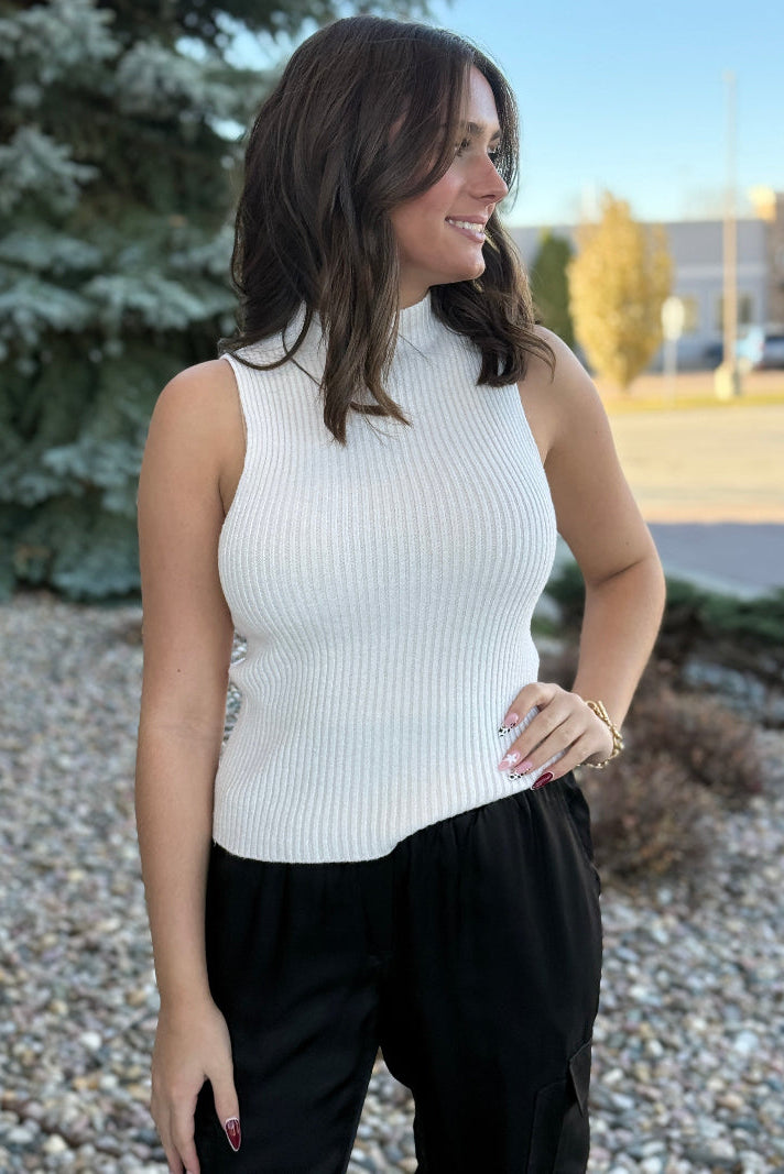 Claudia Ribbed Mock Neck Sweater, Ivory