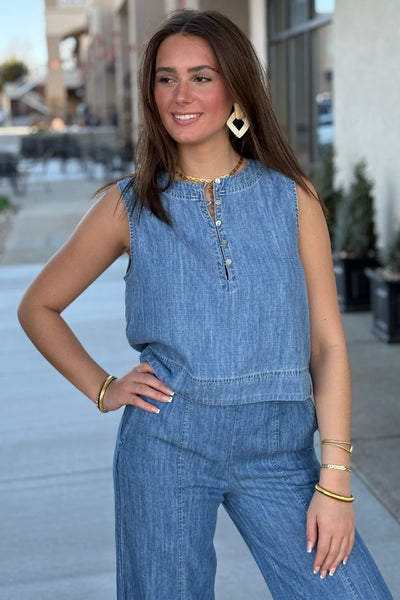 Bella Dahl Sleeveless Placket Denim Chambray Top