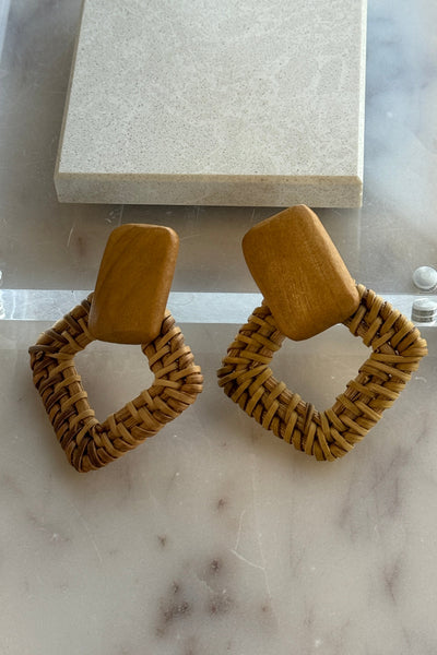 Wood Rattan Drop Earrings, Dark