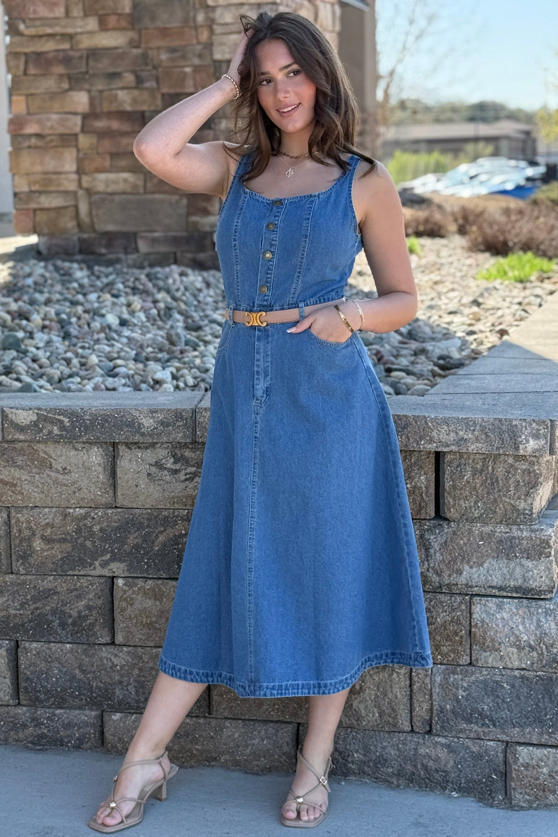 rust denim dress Midtown Denim Midi Dress