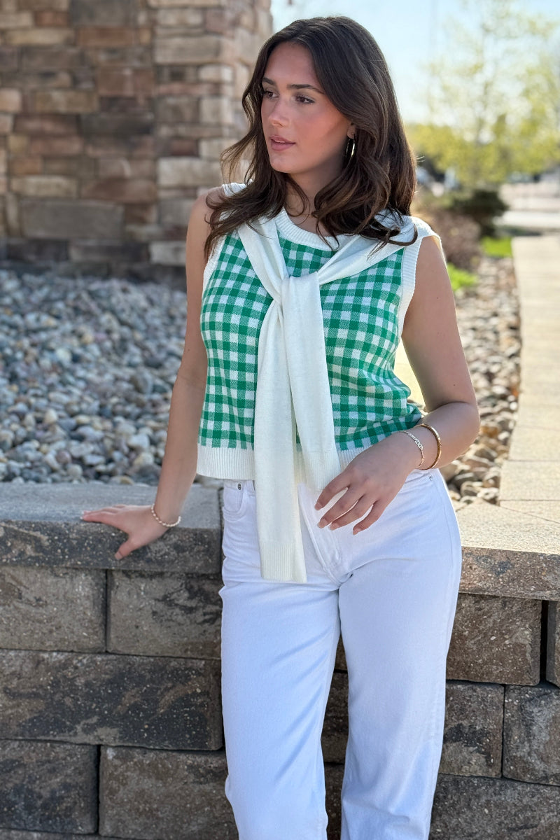 Payton Gingham Layered Crew Sweater