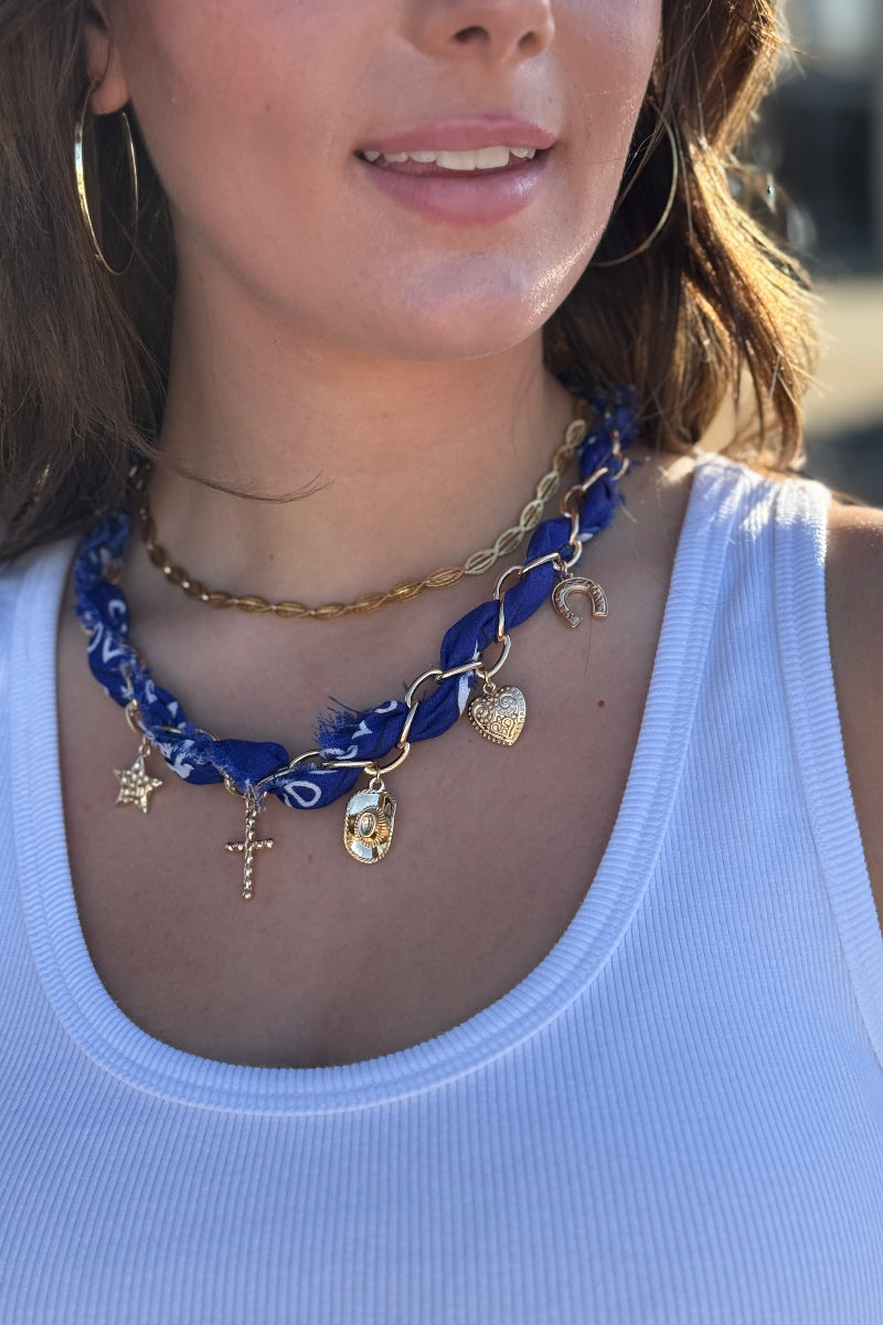 Western Scarf Chain Necklace, Blue