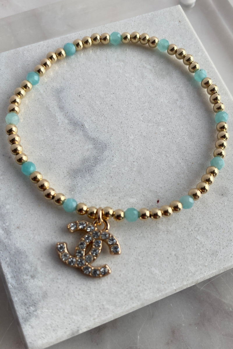 .Designer Crystal Charm Bracelet, Aqua