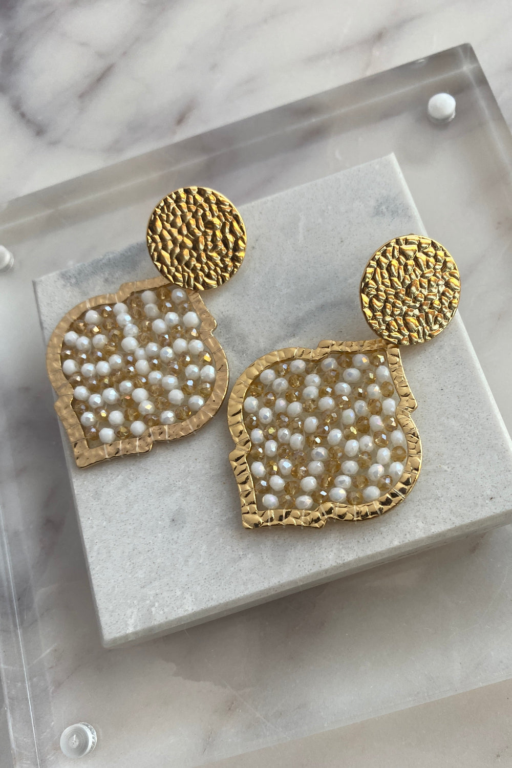 .Diamante Drop Earrings, Golden White