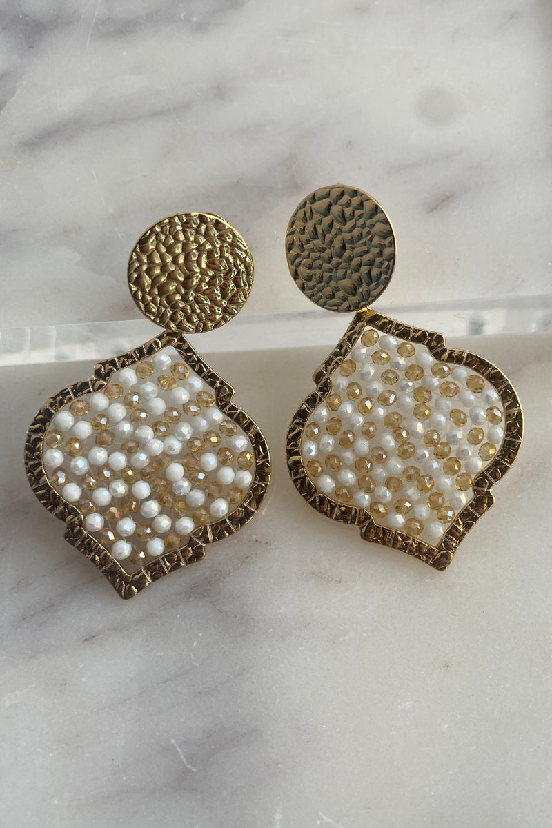 .Diamante Drop Earrings, Golden White