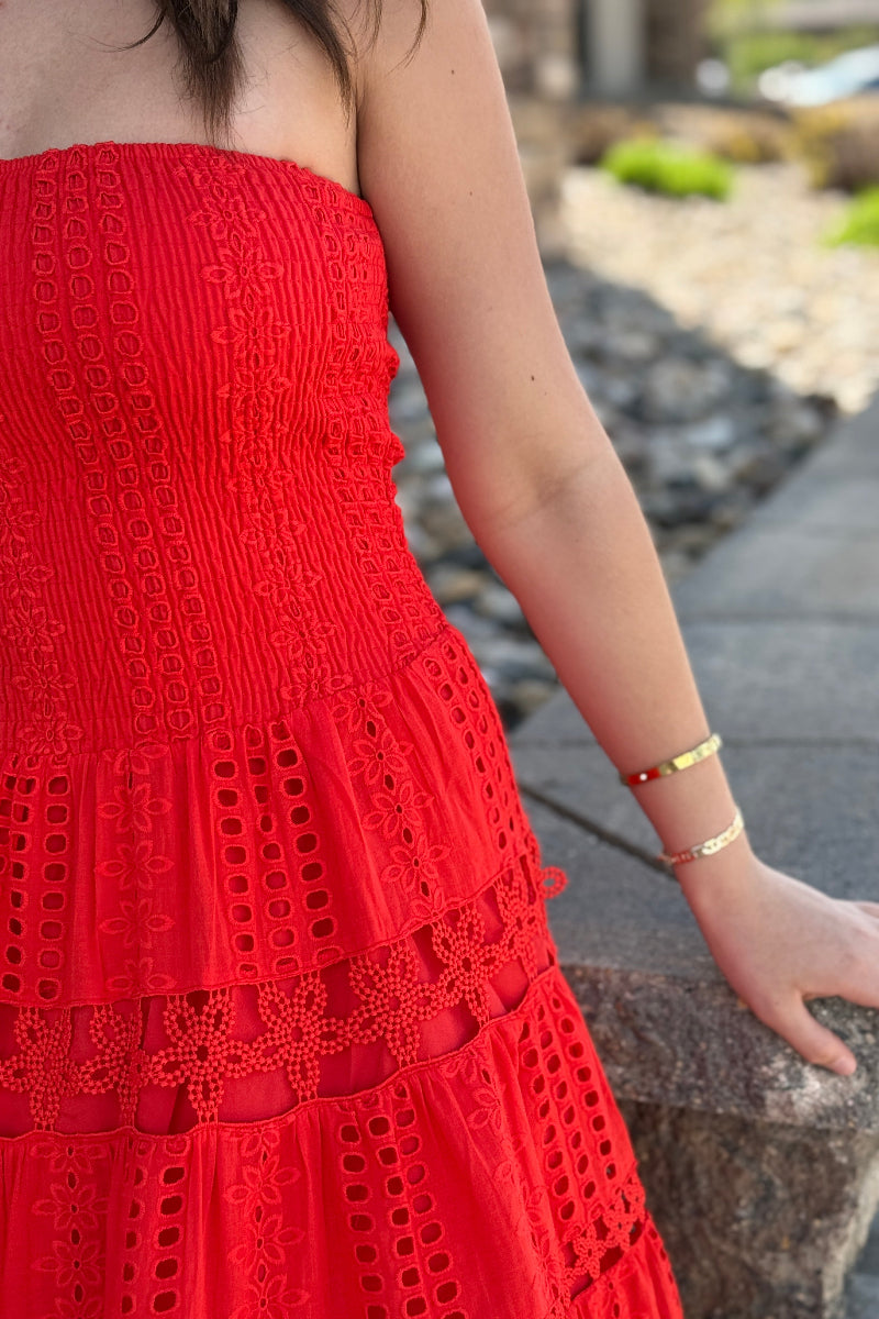 Poppy Eyelet Tube Dress Red / S