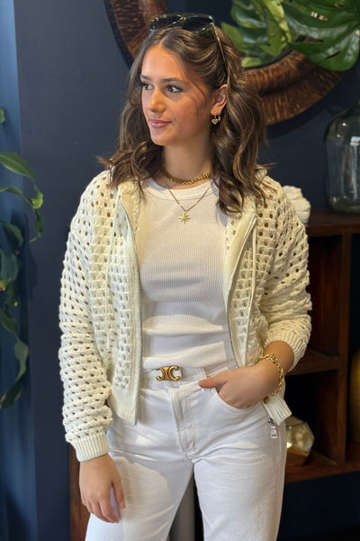 .Nina Open Knit Hooded Cardigan, White