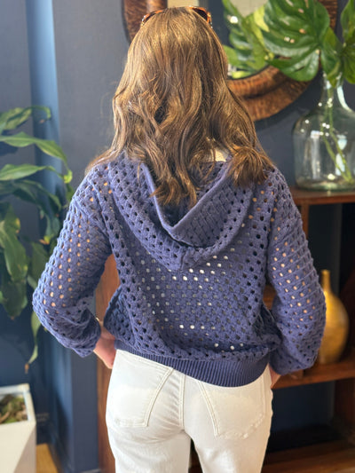 .Nina Open Knit Hooded Cardigan, Navy