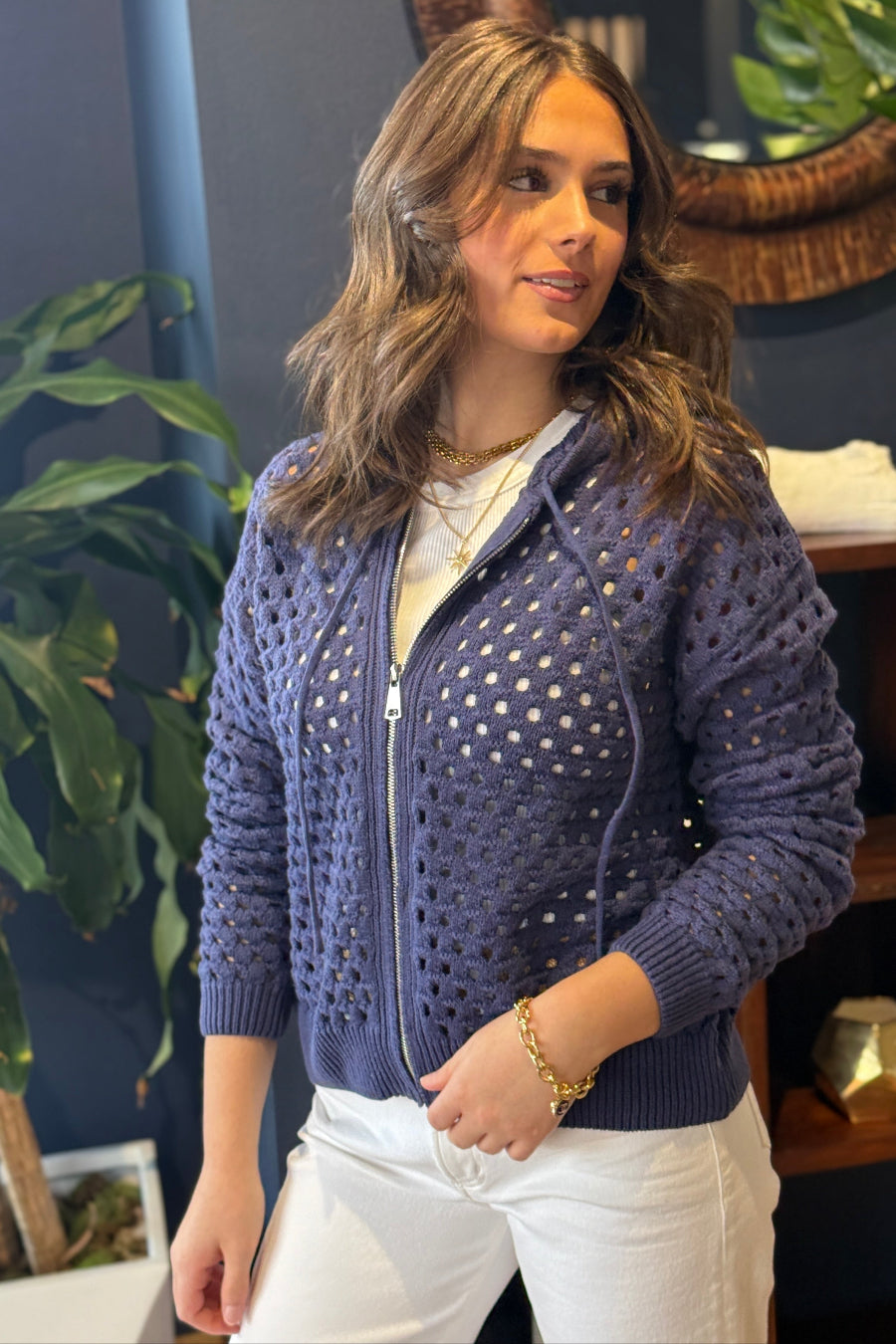 .Nina Open Knit Hooded Cardigan, Navy