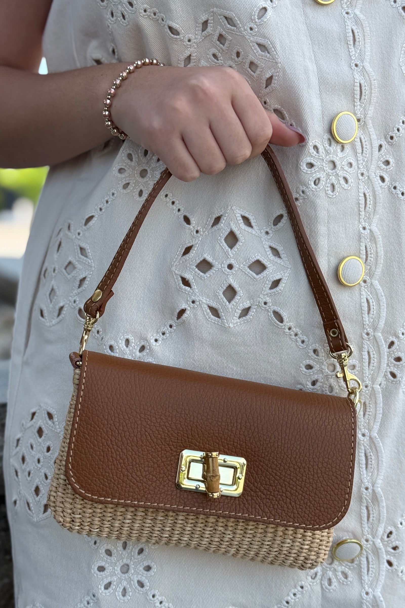 .Rayna Raffia/Leather Mini Bag, Camel
