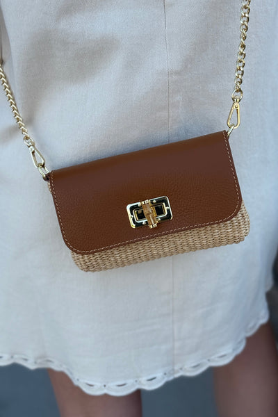 .Rayna Raffia/Leather Mini Bag, Camel