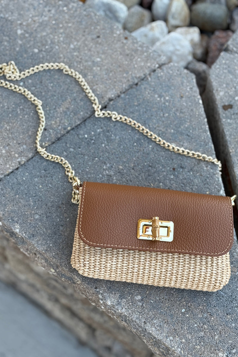 .Rayna Raffia/Leather Mini Bag, Camel