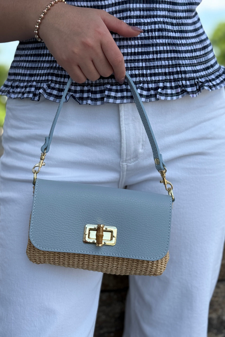 .Rayna Raffia/Leather Mini Bag, Blue
