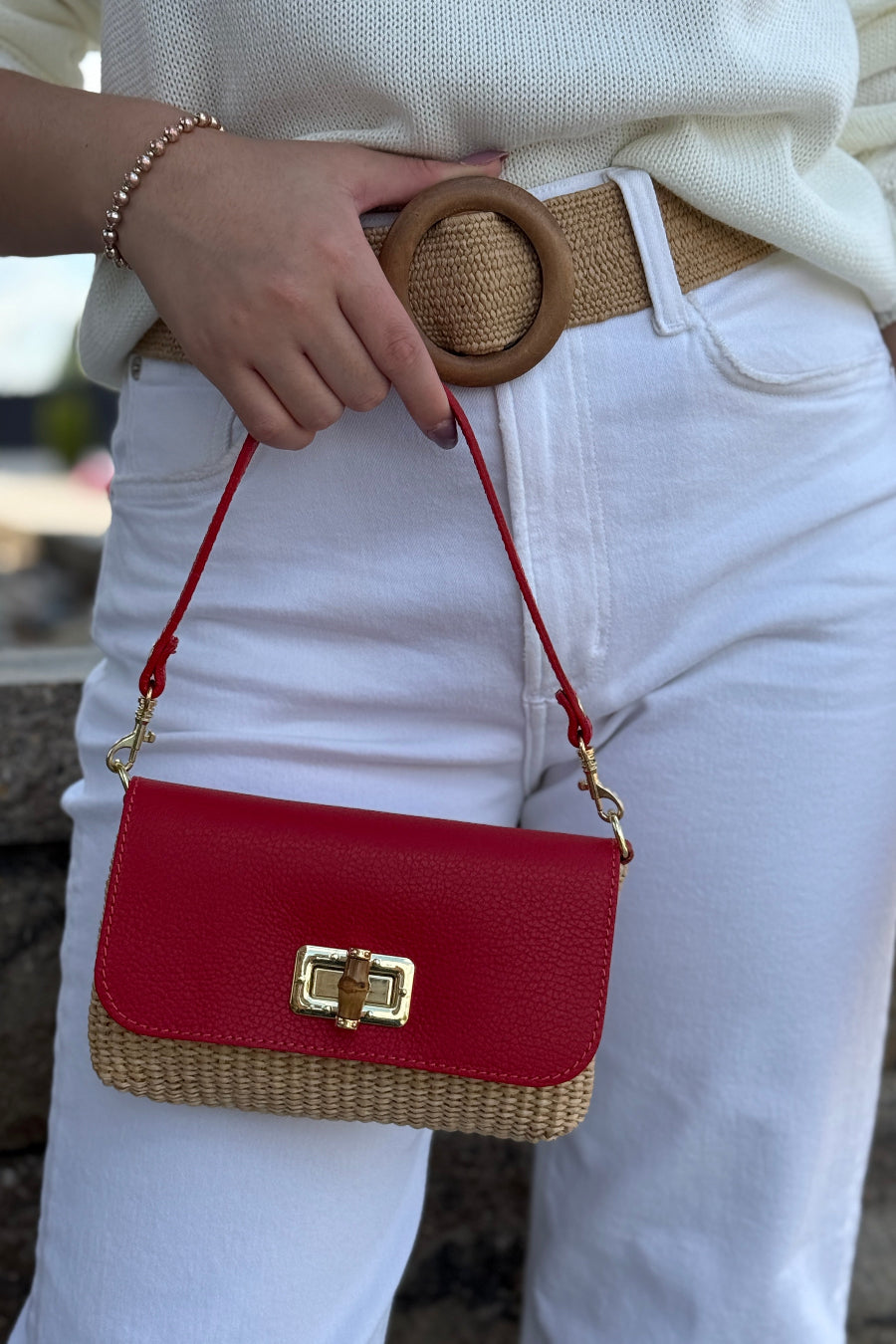 .Rayna Raffia/Leather Mini Bag, Red