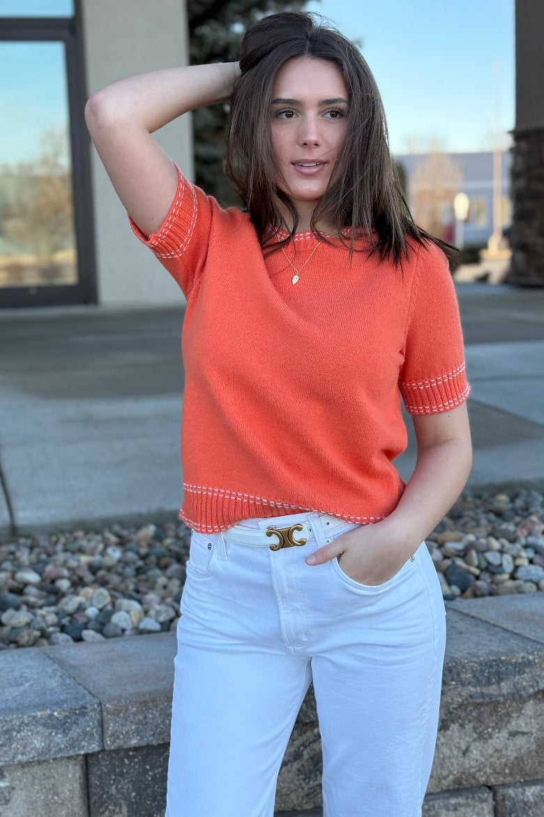 Gwynne Short Sleeve Sweater, Tangerine
