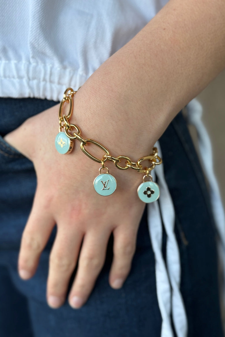 .Designer Toggle Clasp Triple Charm Bracelet, Aqua - RUST & Co.