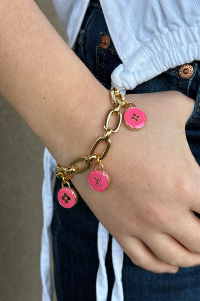 Designer Toggle Clasp Triple Charm Bracelet, Pink - RUST & Co.