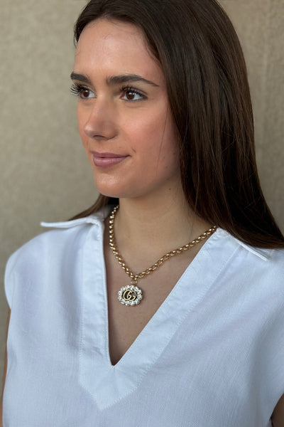 Designer Large Rhinestone Charm Link Necklace - RUST & Co.