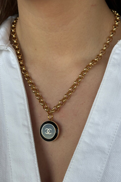 Designer Enamel Charm Necklace On Rolo Chain, Black - RUST & Co.