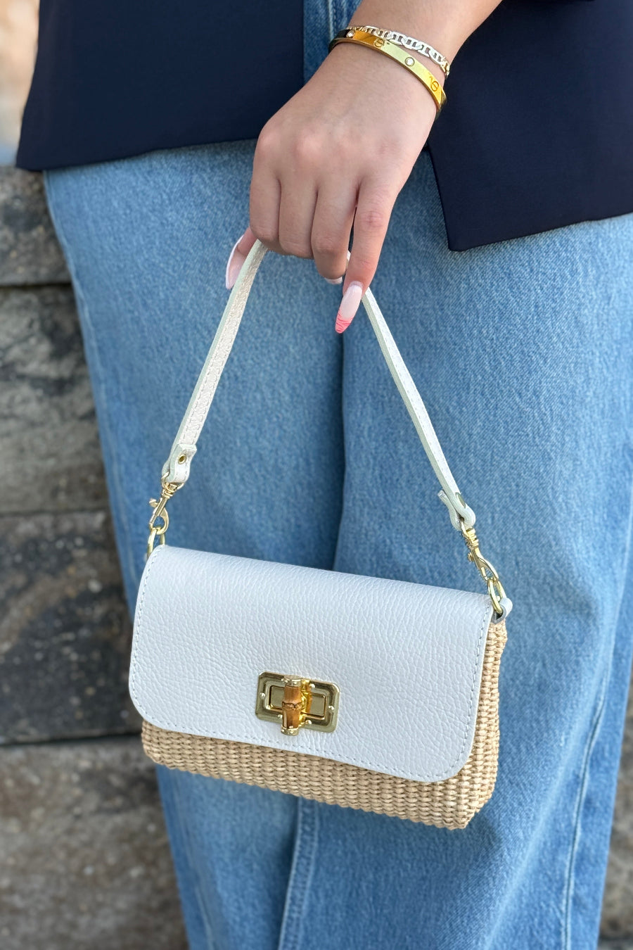 .Rayna Raffia/Leather Mini Bag, Ivory