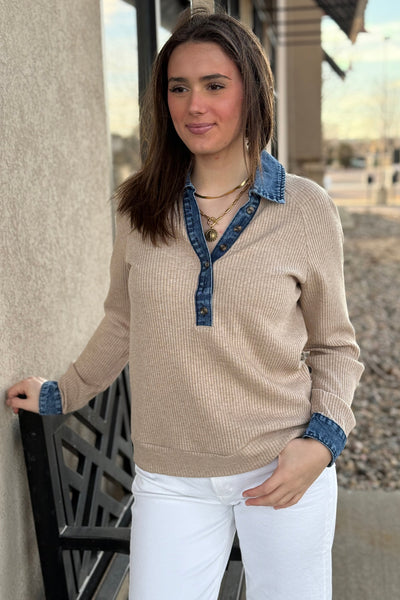 Charley Denim Collar Top, Khaki