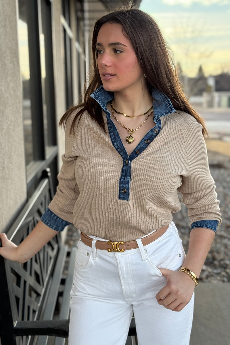 Charley Denim Collar Top, Khaki