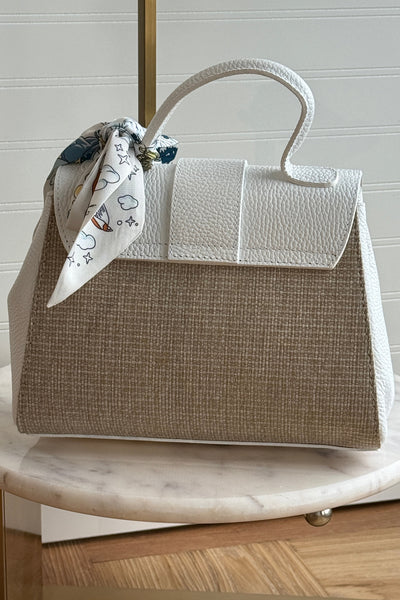 .Katie Leather & Linen Hand Bag, White