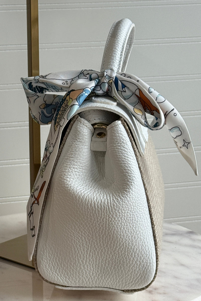 .Katie Leather & Linen Hand Bag, White