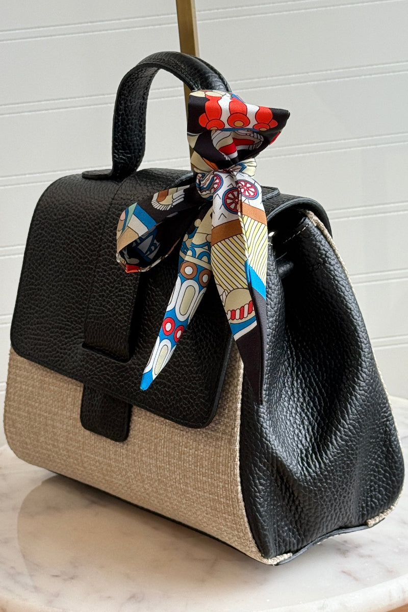 .Katie Leather & Linen Hand Bag, Black