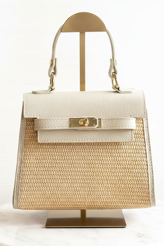 .Gena Woven/Leather Bag, Ivory