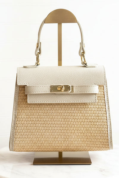 .Gena Woven/Leather Bag, Ivory