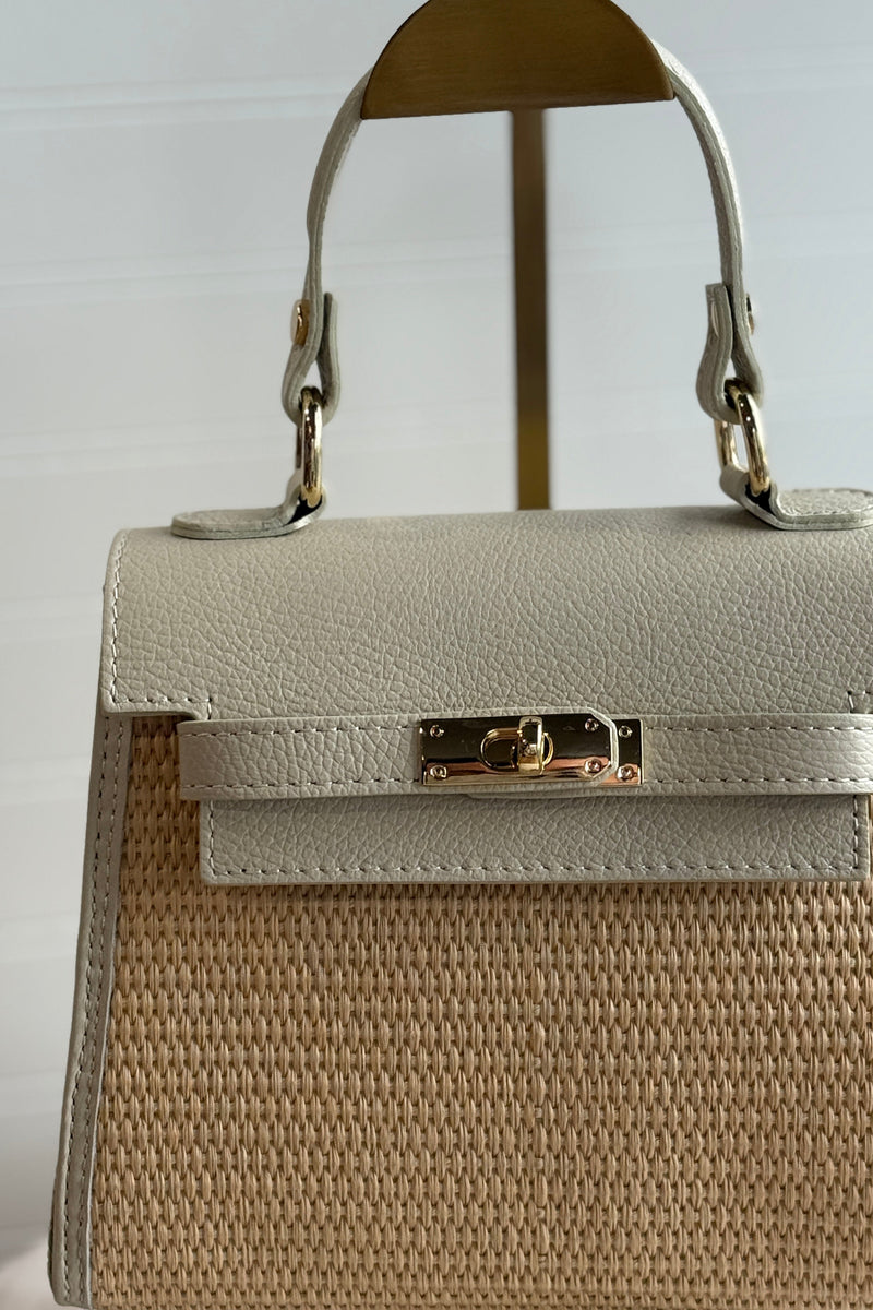 .Gena Woven/Leather Bag, Ivory