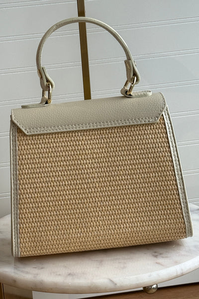 .Gena Woven/Leather Bag, Ivory