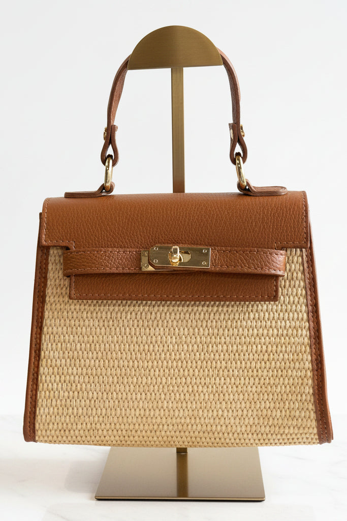 .Gena Woven/Leather Bag, Camel