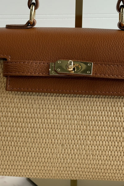 .Gena Woven/Leather Bag, Camel