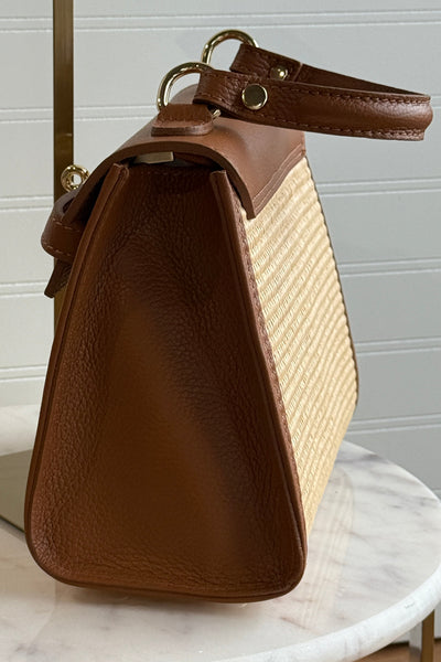 .Gena Woven/Leather Bag, Camel