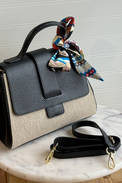 .Katie Leather & Linen Hand Bag, Black