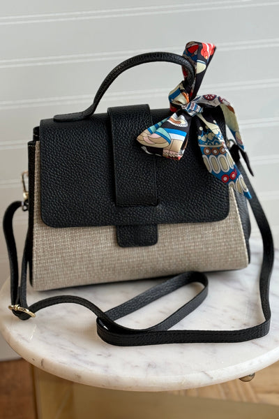 .Katie Leather & Linen Hand Bag, Black