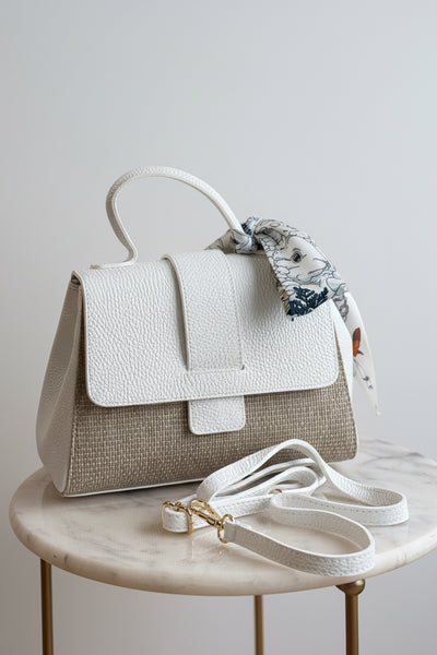 .Katie Leather & Linen Hand Bag, White