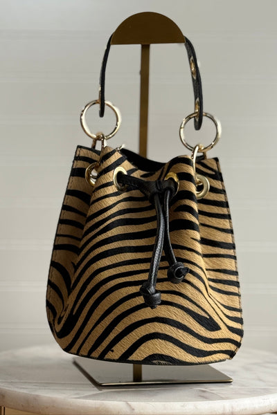 .Etta Leather Hide Bucket Bag, Zebra