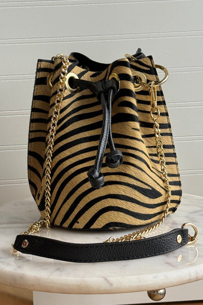 .Etta Leather Hide Bucket Bag, Zebra