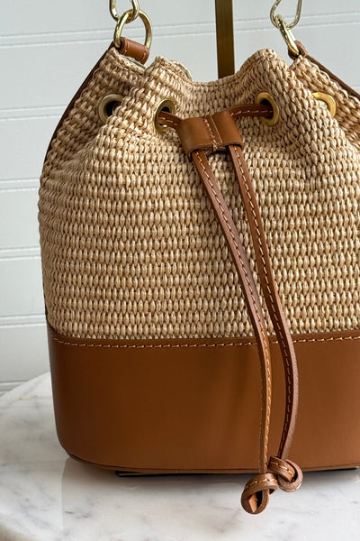 .Sienna Woven/Leather Bucket Bag, Camel
