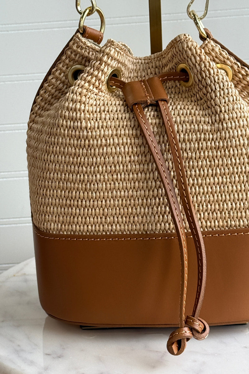 .Sienna Woven/Leather Bucket Bag, Camel