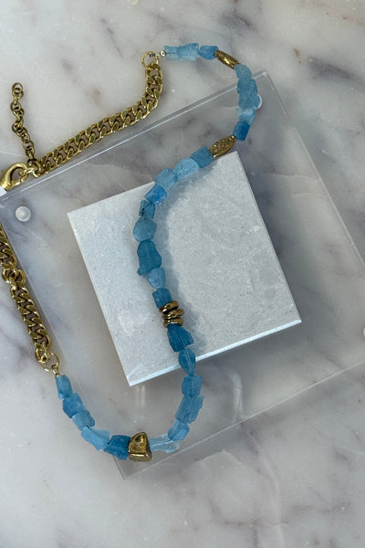 .Raw Santa Maria Aquamarine & Indian Brass Necklace