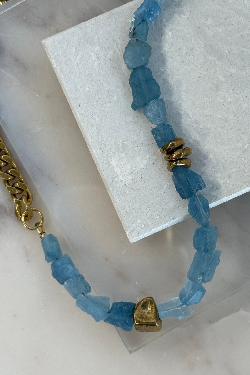 .Raw Santa Maria Aquamarine & Indian Brass Necklace