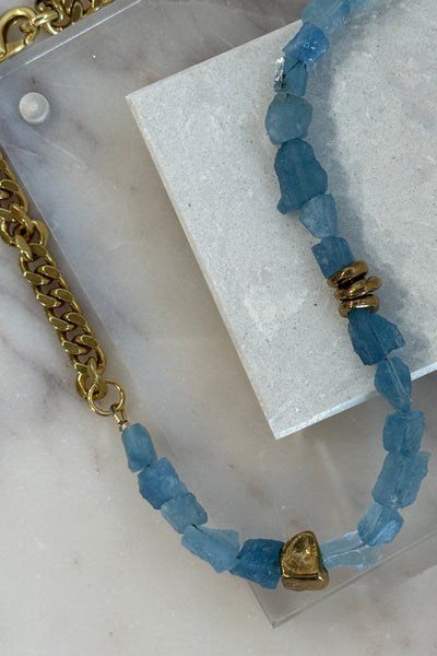 .Raw Santa Maria Aquamarine & Indian Brass Necklace